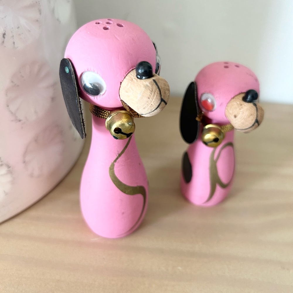Vintage MCM Pink Dog Salt & Pepper Shakers Magnetic Made In Japan